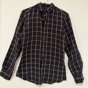 Massimo Dutti Shirt Mens S Navy Blue Cotton Linen Long Sleeve Button-Up Slim